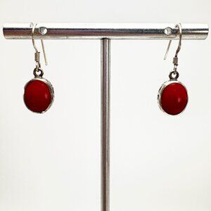VTG Sterling Silver 925 Red Cabochon Gemstone Dangle Earrings Size 1" Length